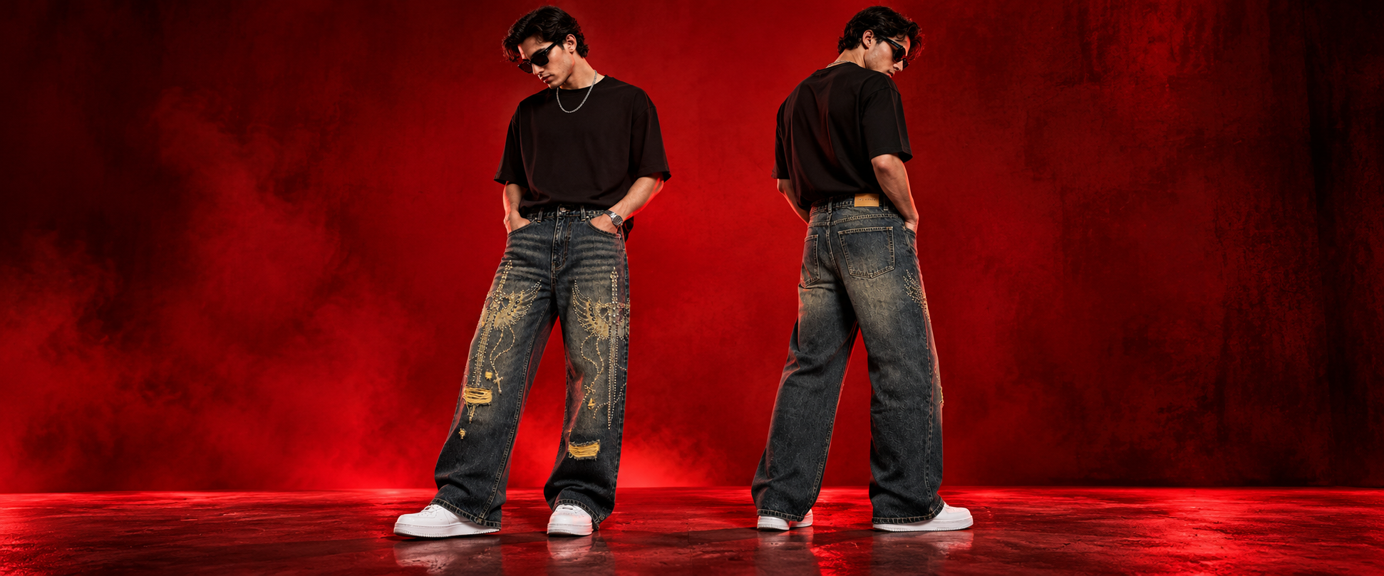 Men's distressed Laser with Studs Denim