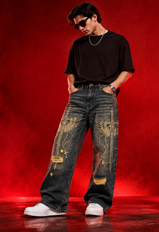 Men's distressed Laser with Studs Denim