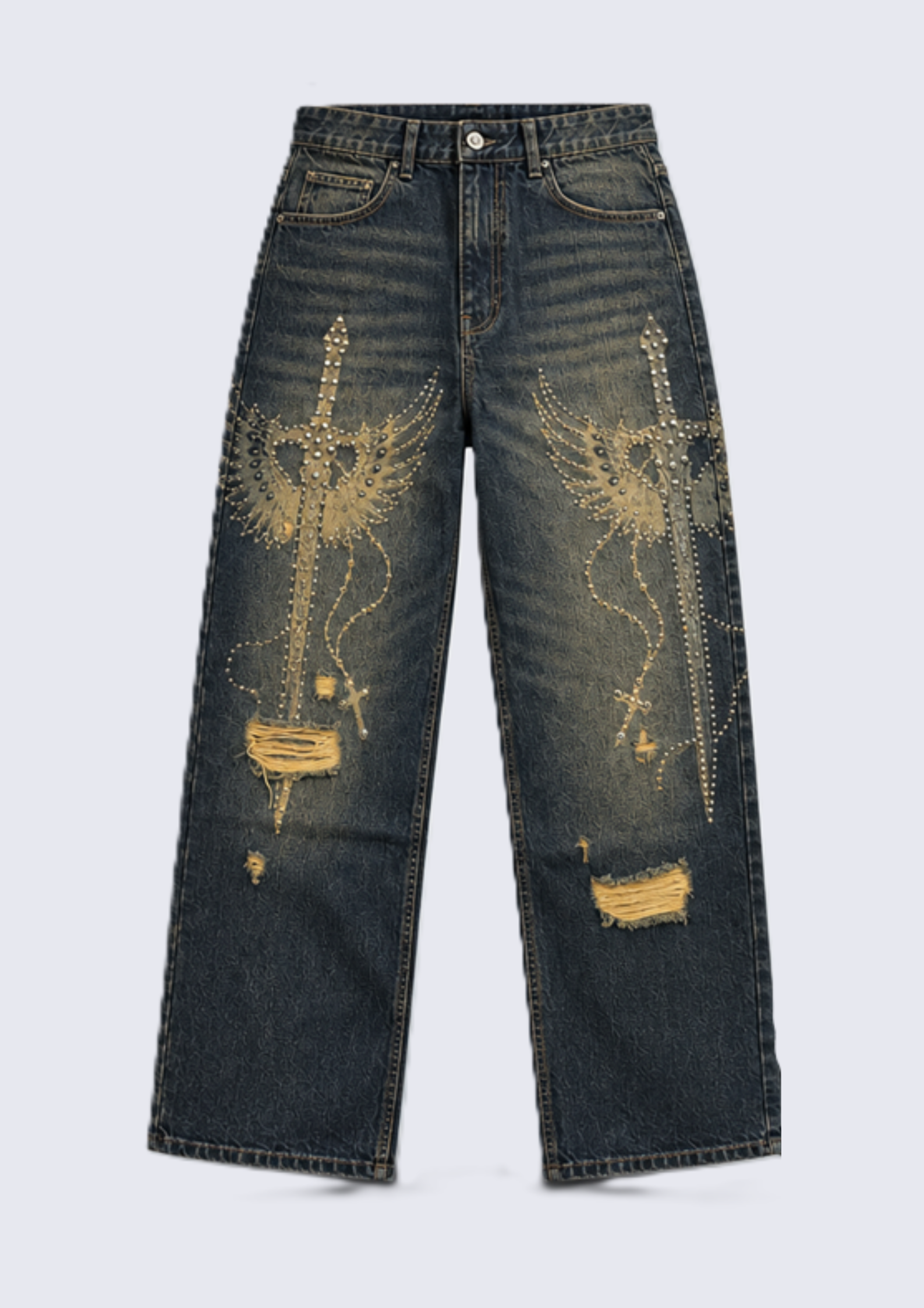 Men's distressed Laser with Studs Denim